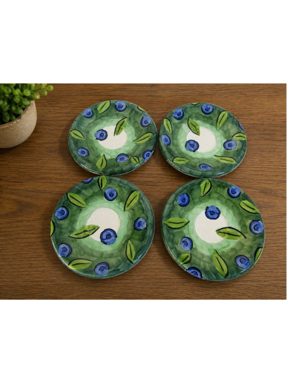 Vintage Bob Mackie Ceramic Plates Set of 4 Saucer Cup Blueberries Leaves